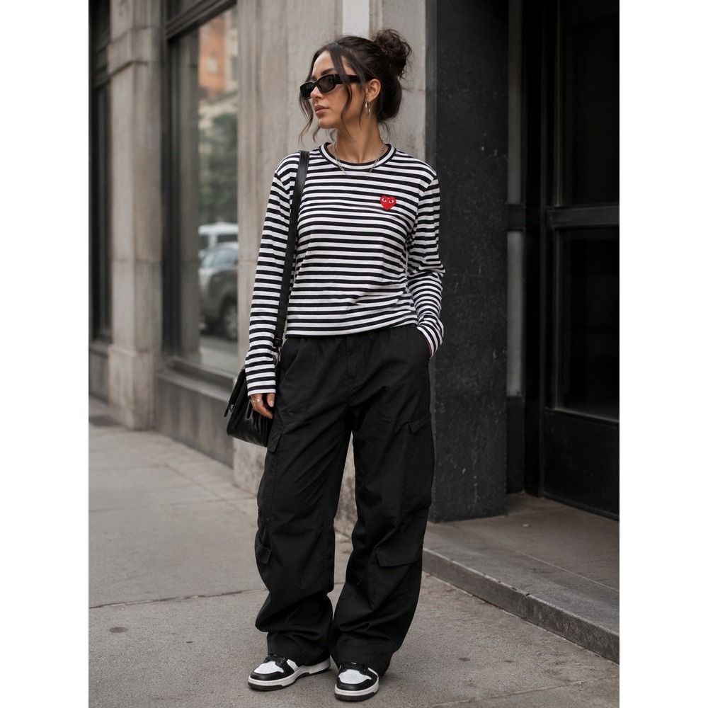 Women's Comme des Garçons PLAY Striped Heart Logo Long Sleeve Small Black White